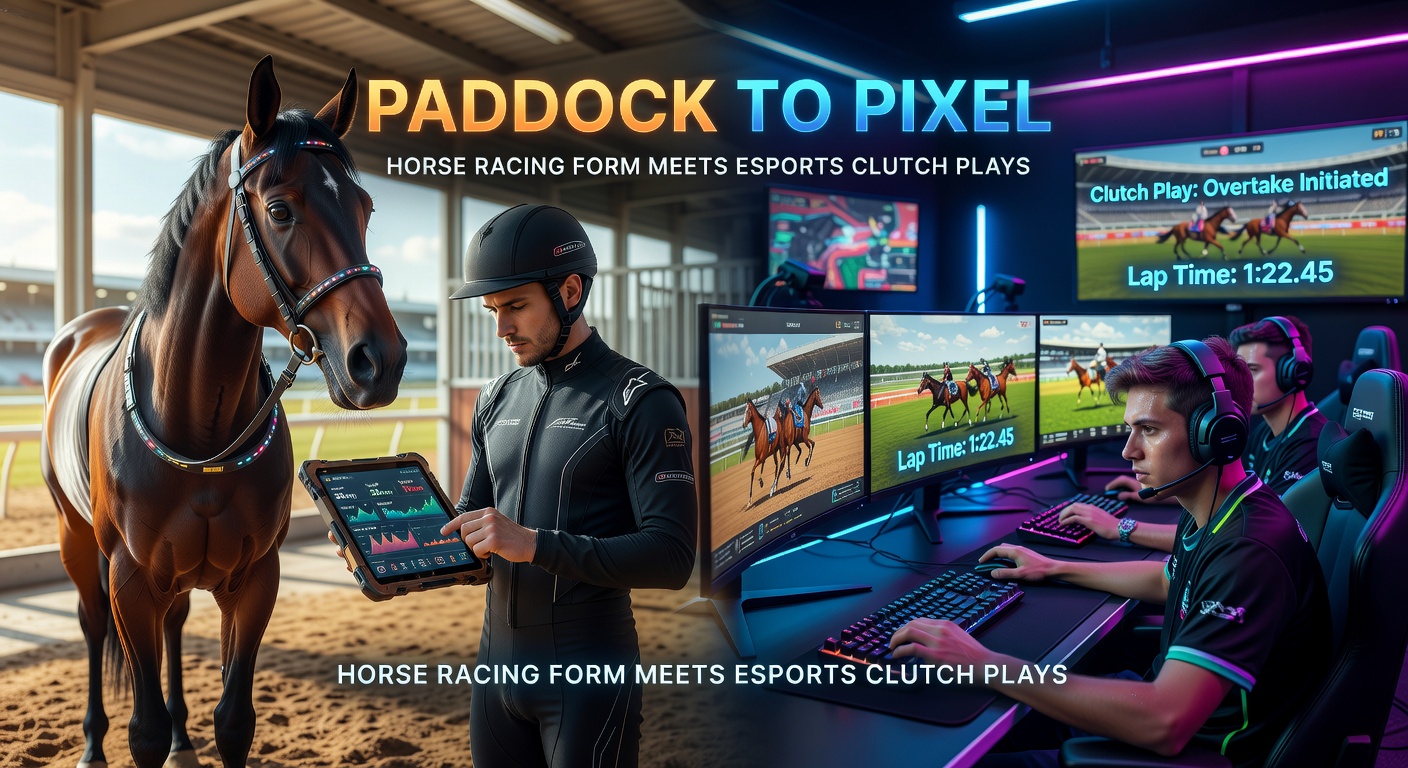 Pferd im Paddock neben einem Esports-Spieler am PC – Symbol für die Brücke zwischen Tradition und Digitalem