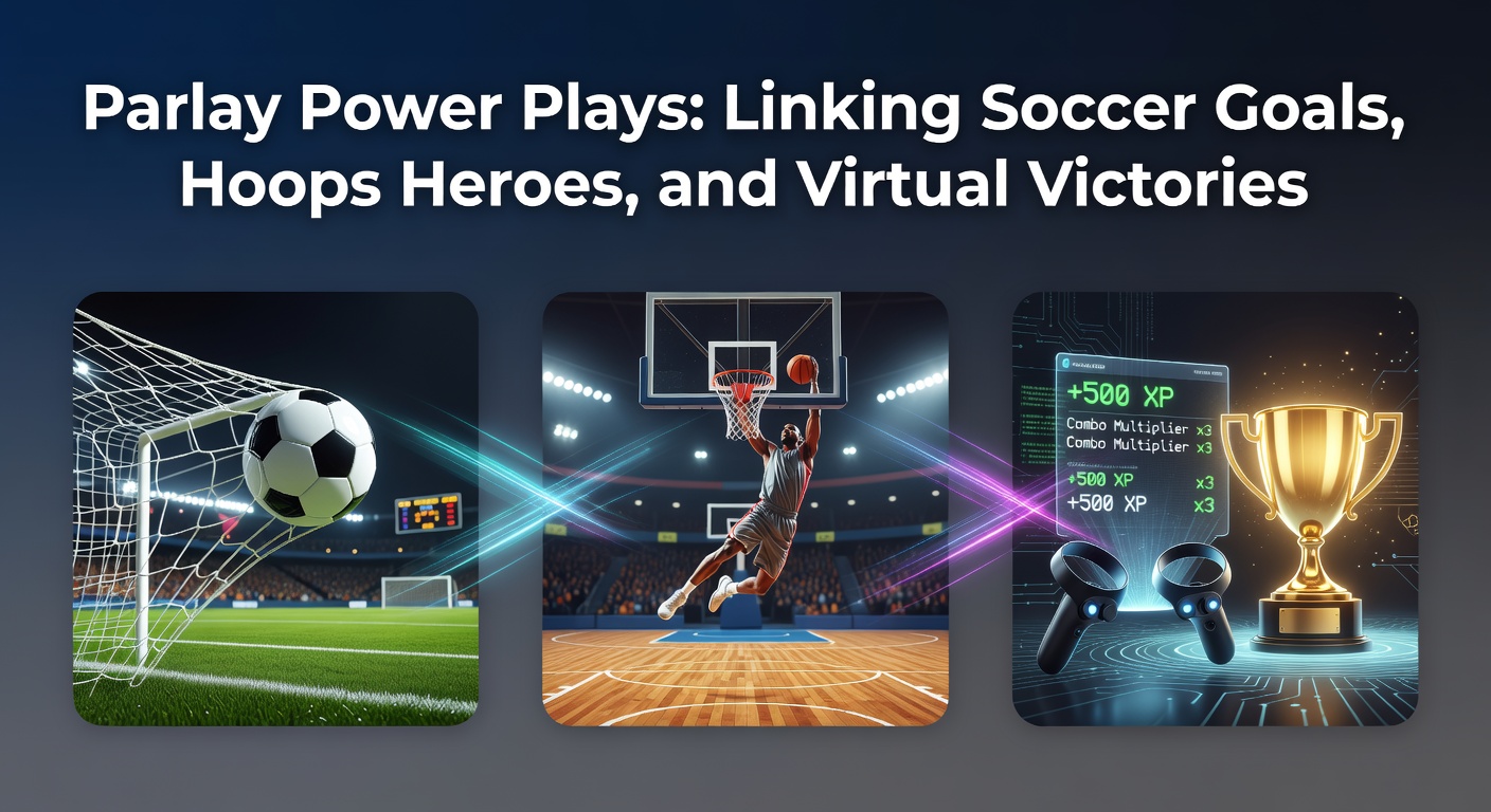 Dynamische Szene mit Fußballtor, Basketballkorb und eSports-Bildschirmen, die Parlay-Wetten illustrieren