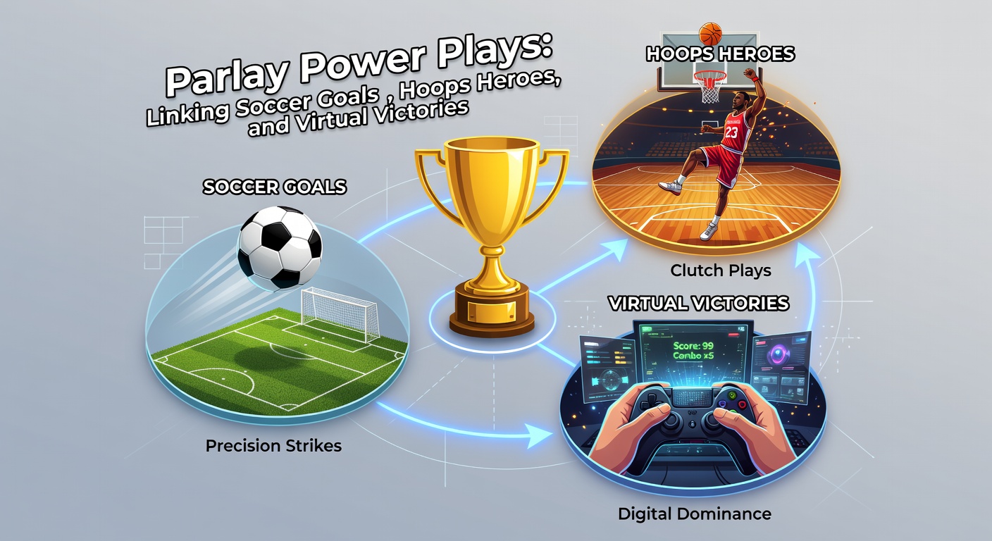 Basketball-Star beim Dunk, neben Fußball-Action und eSports-Setup, symbolisierend verknüpfte Parlay-Wetten