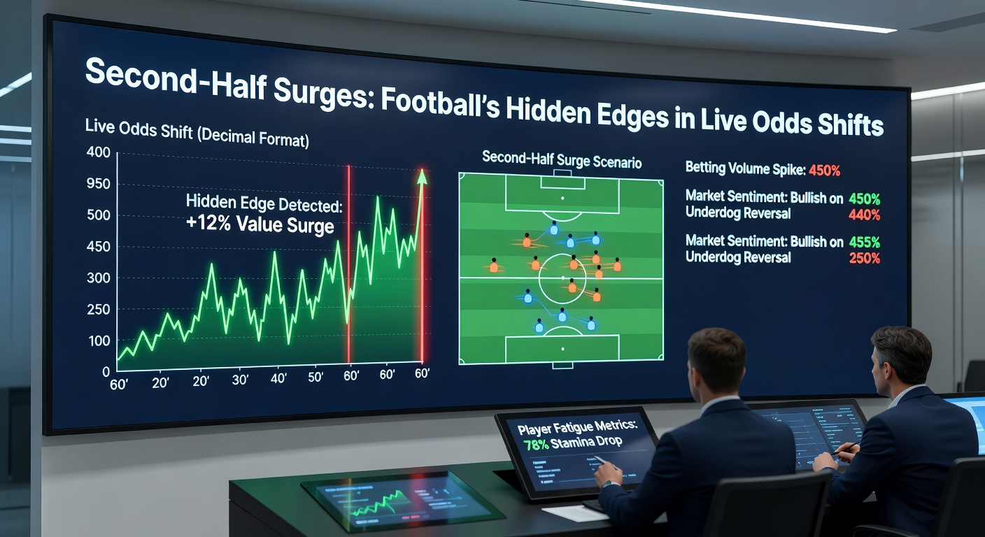 Grafik mit Live-Quoten-Kurven, die in der zweiten Halbzeit steil abfallen, neben einem Fußballfeld mit Momentum-Pfeilen