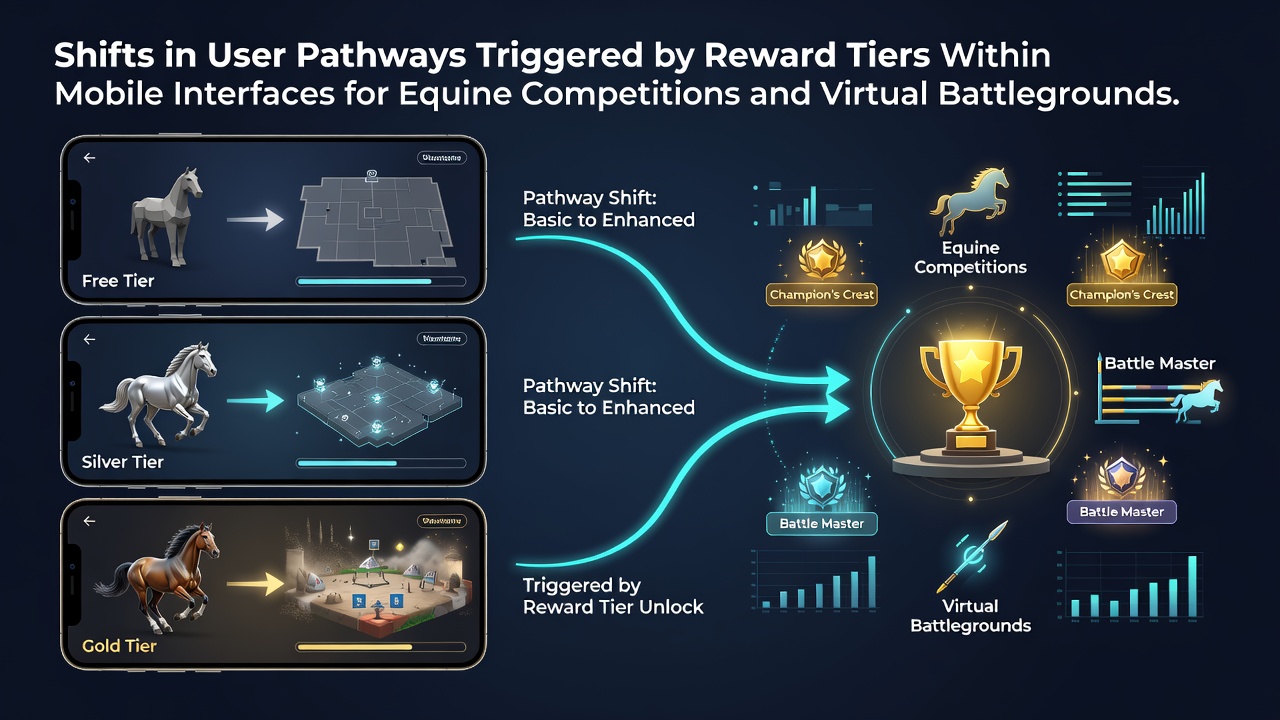 Mobile App-Oberfläche mit Belohnungsstufen für Pferderennen und Esports